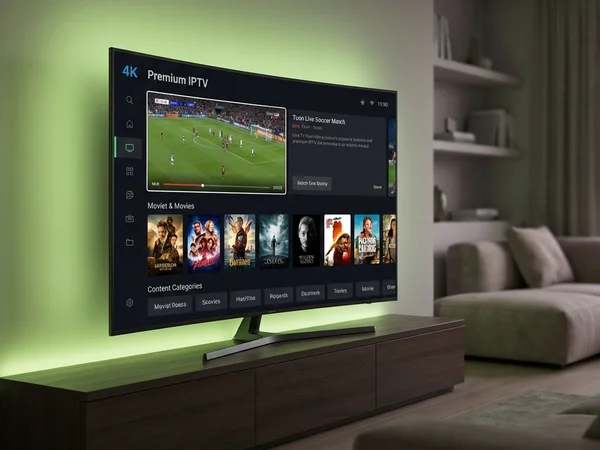 Premium 4K IPTV streaming interface on smart TV