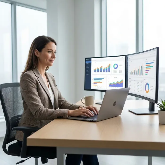 Professional reseller managing IPTV business on laptop