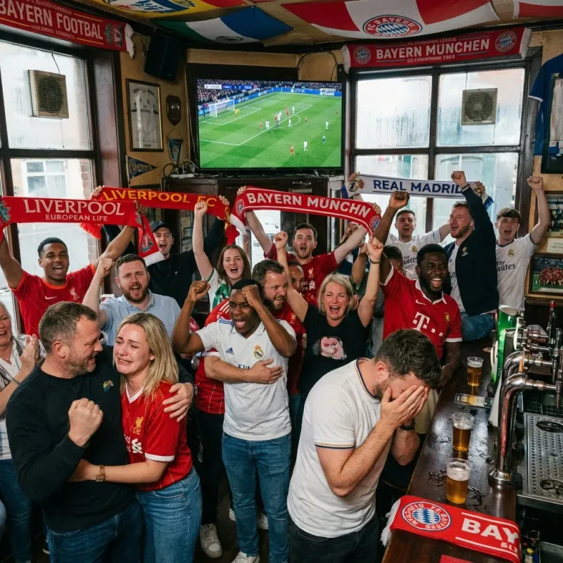 Soccer fans cheering in a pub for Champions League match