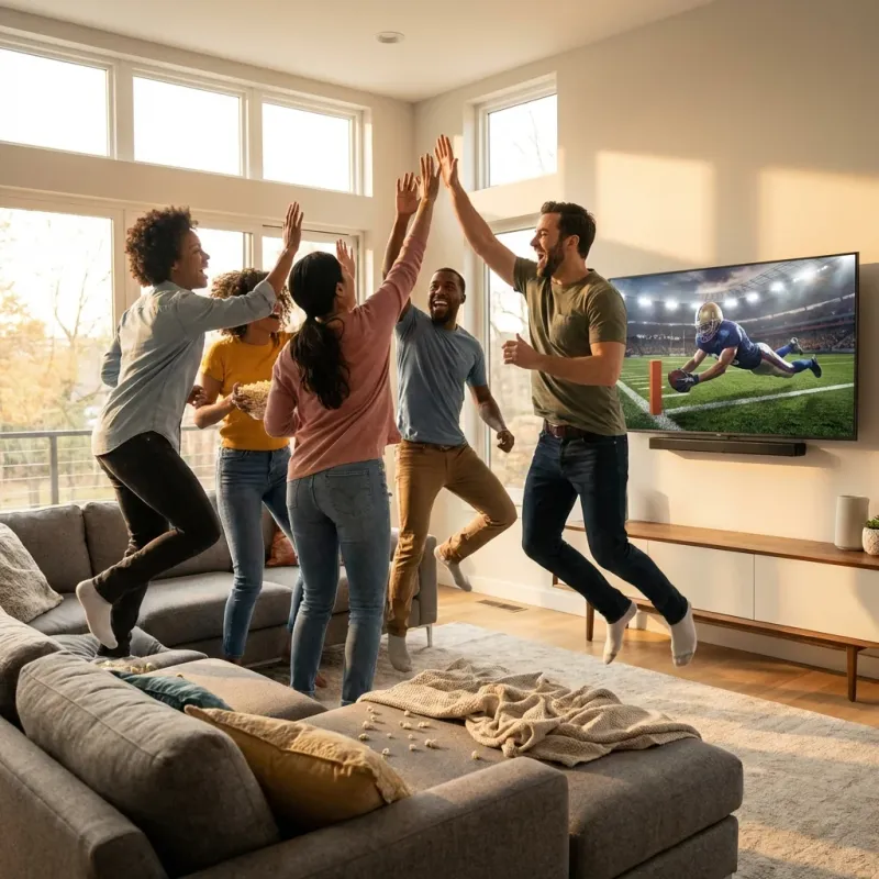 Excited sports fans watching a game on TV