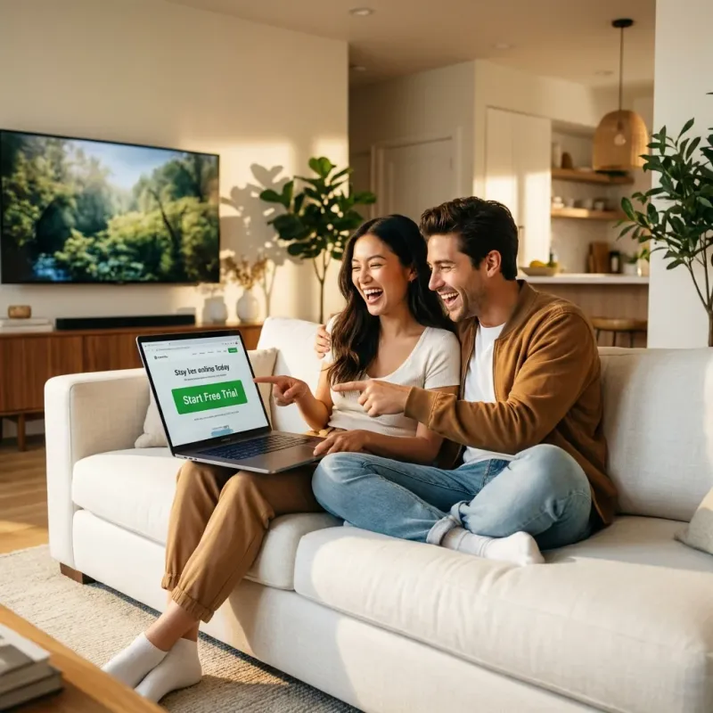 Happy family enjoying free trial of premium IPTV streaming