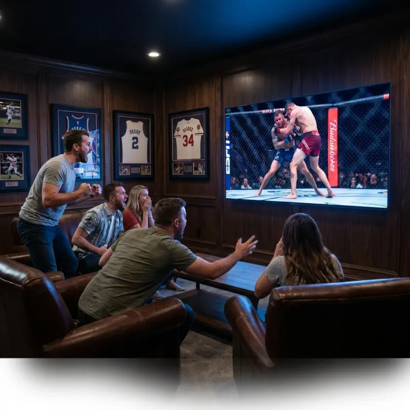 UFC fans watching a fight in a man cave