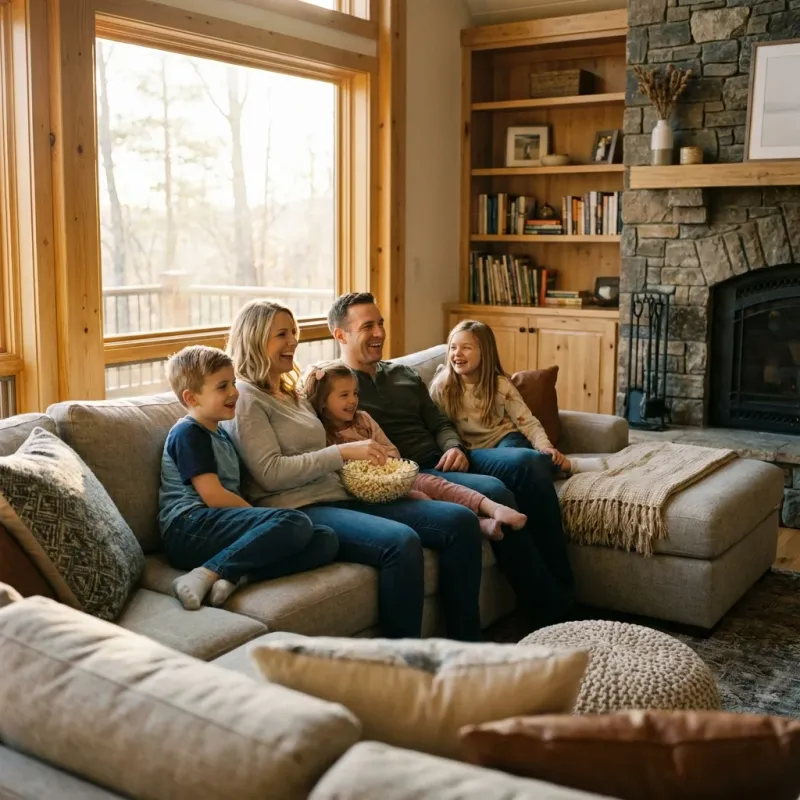 American family enjoying TV in a modern living room